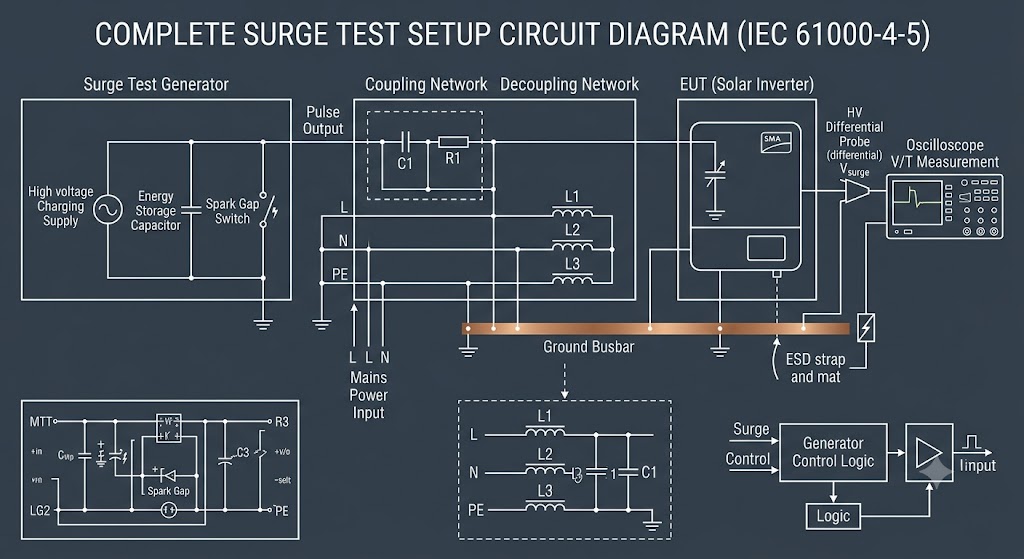 Complete IEC 61000-4-5 surge test setup circuit diagram showing the surge test generator with energy storage capacitor and spark gap switch, the coupling and decoupling networks, the EUT (solar inverter), the ground busbar, an HV differential probe, and an oscilloscope capturing the voltage and current waveforms